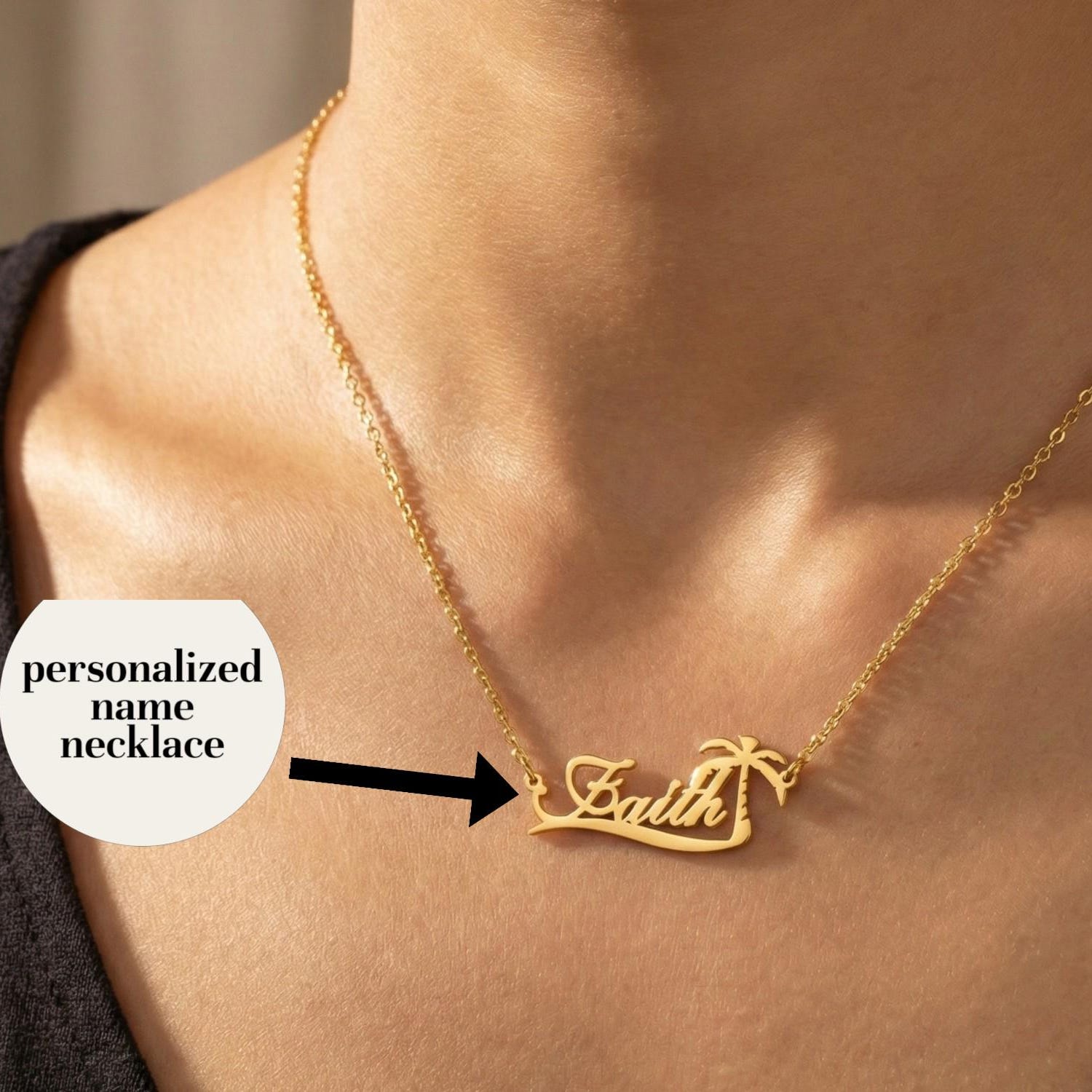 Vintage Fashion Guild - Custom Palm Tree Name Necklace Personalized